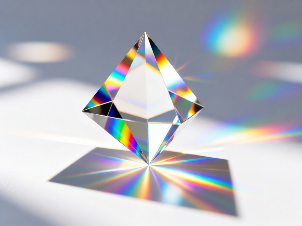 A kaleidoscopic crystal prism refracting sunlight into rainbow patterns on a minimalist white surface. Geometric light shapes create depth and movement. Soft bokeh background. No people.