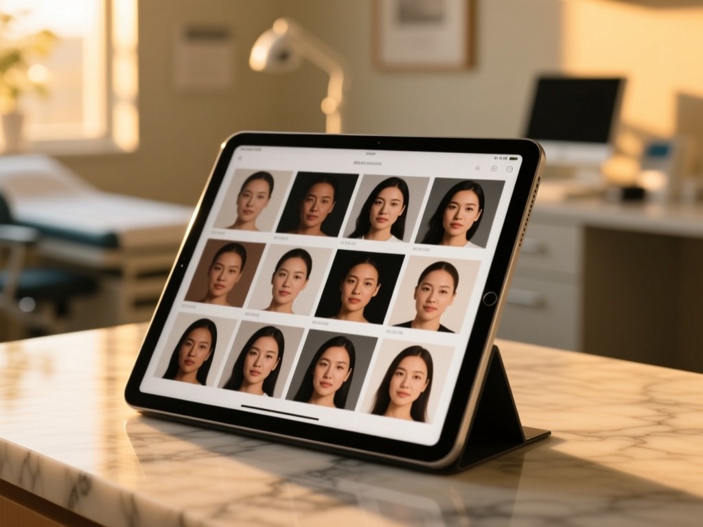 A sleek tablet displaying a grid of before-and-after photos on a marble surface during golden hour, soft sunlight highlighting the transformation imagery, blurred clinic setting in background, warm tones.