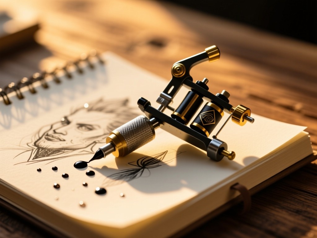 A tattoo machine resting on a sketchbook during golden hour, soft sunlight highlighting ink droplets on paper, shallow depth of field, warm wood textures in background, natural lighting, no people.