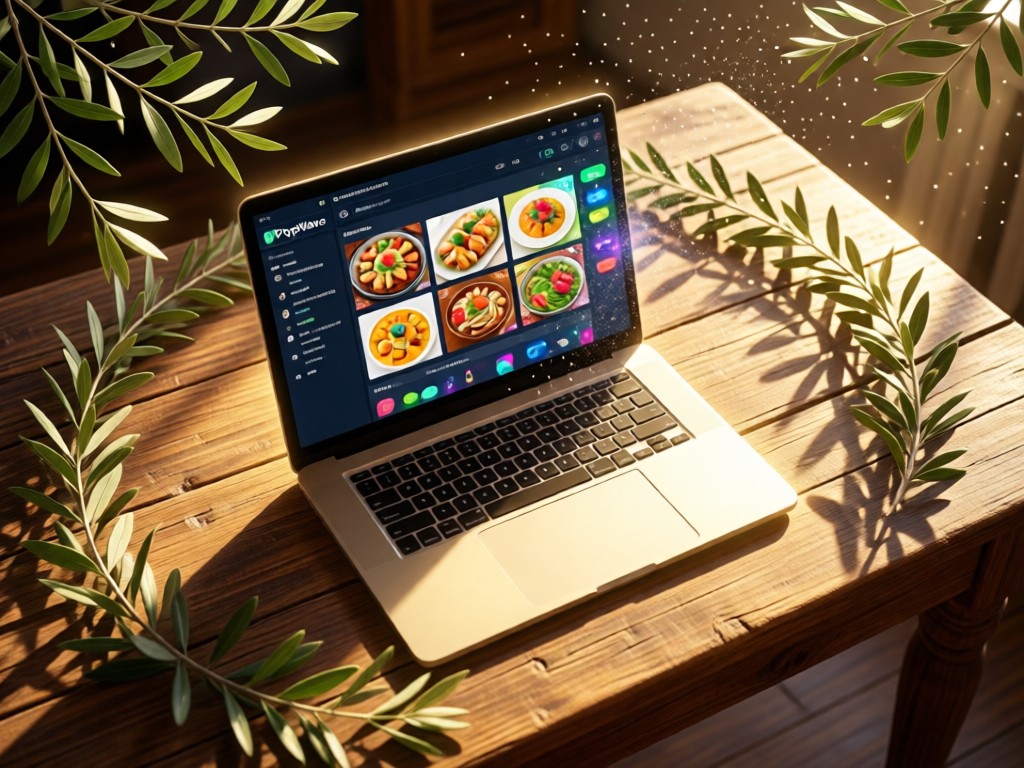 Overhead shot of a rustic wooden table with olive branches framing a glowing laptop. Screen shows PopWave's AI aggregating vibrant food images. Sunlight highlights dust motes. No people.