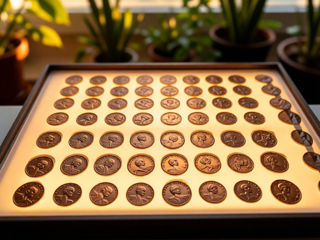 Overhead view of graded penny slabs arranged neatly on a lightbox. Golden hour illumination creates soft glows around each case. Background shows blurred botanical elements. No people.
