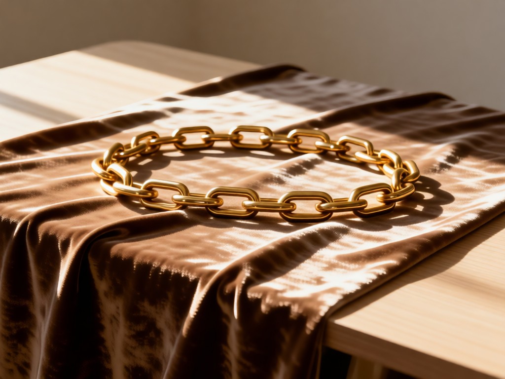A minimalist desk with gold chain links artfully arranged on a velvet fabric. Soft shadows create depth. Warm natural lighting. No text or logos. No people.