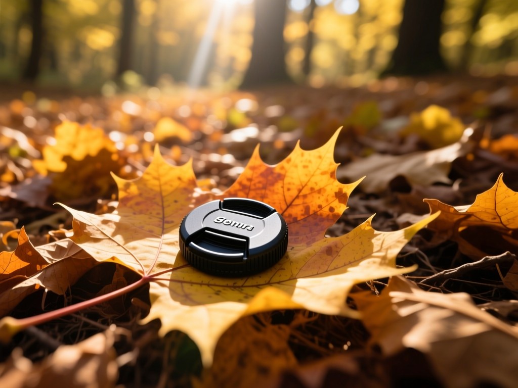 An aerial view of a single camera lens cap resting on vibrant autumn leaves in a sun-dappled forest. Symbolizes focus and natural discovery. Golden hour lighting. No people.