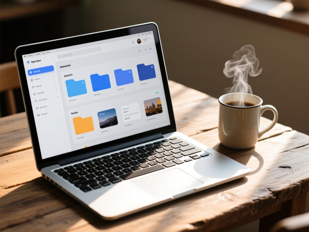Open laptop showing a clean dashboard with categorized content folders. Sunlight reflects off the screen onto a rustic wooden table. A steaming mug beside it. Minimalist composition.