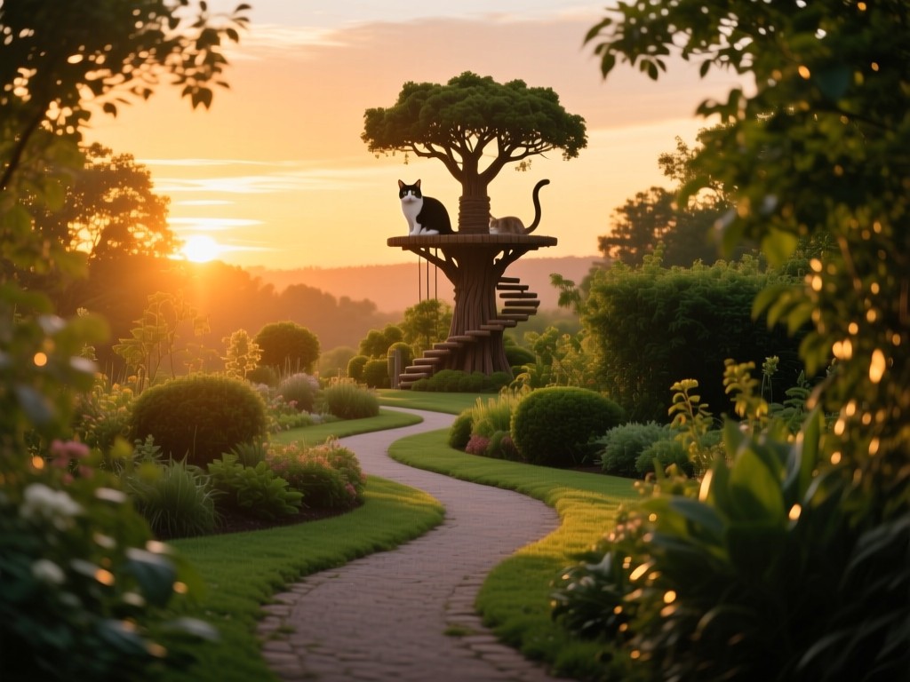 A winding garden path at sunset leading to a distant cat tree, warm golden glow on greenery, symbolic of discovery and growth, no animals visible.