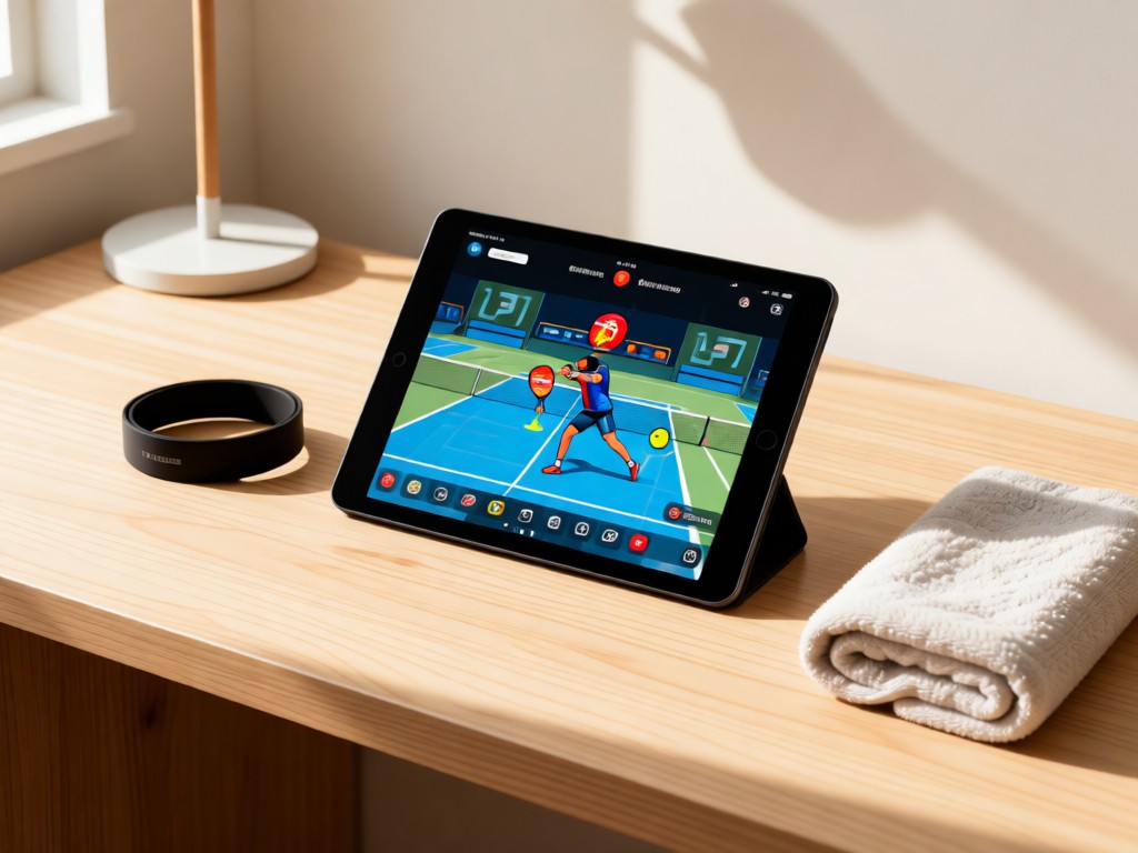 A minimalist desk with a tablet showing a padel match replay. Beside it, a wristband and towel arranged neatly under soft sunlight. Clean composition with natural textures. No people.