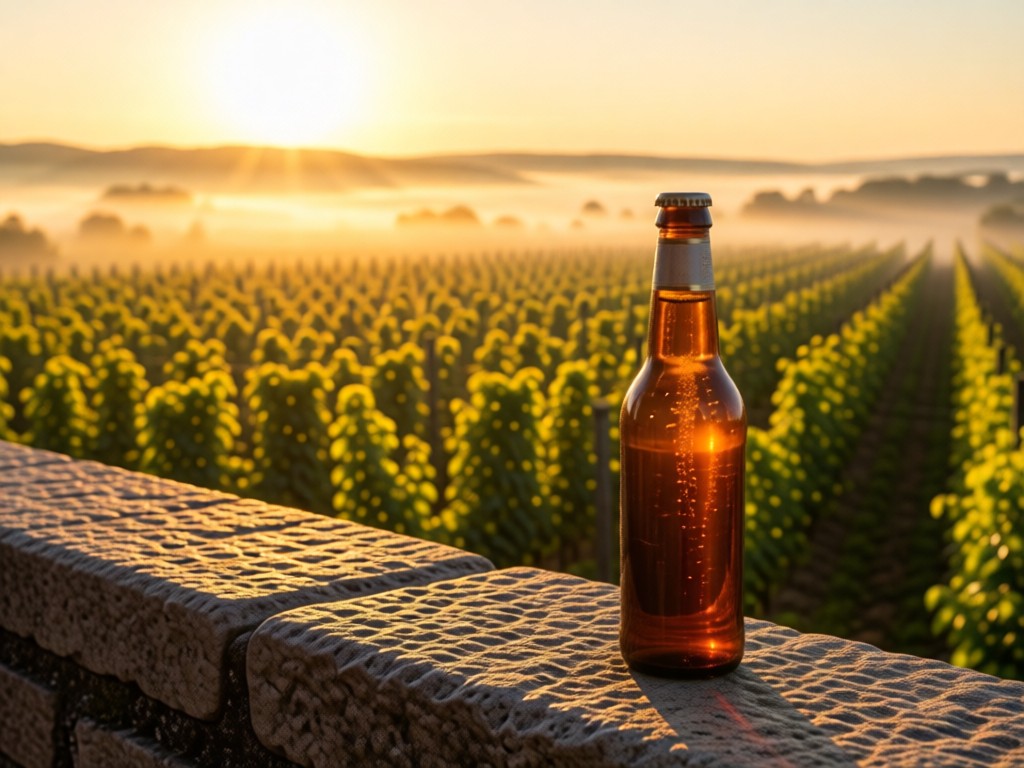 A lone non-alcoholic beer bottle standing on a sunlit stone ledge overlooking hop fields at dawn. Symbolizes clarity and product prominence. Golden hour glow. No people.