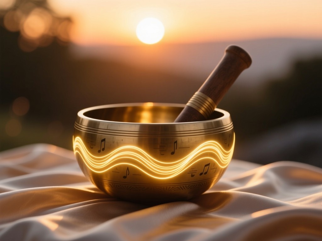 A single singing bowl radiating golden light waves on a silk cloth during sunset, symbolic of energy resonance, warm bokeh background, minimalist composition, no people.