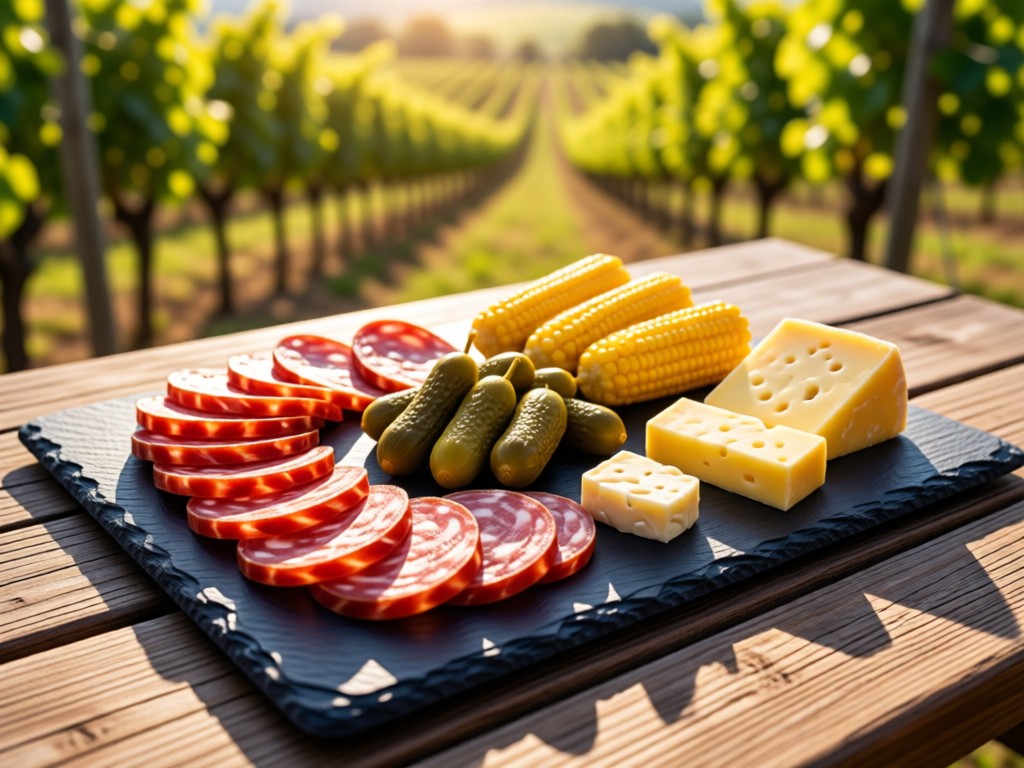 Aerial view of a perfectly arranged charcuterie board on slate. Sunlight highlights saucisson, cornichons, and fromage against a blurred vineyard background. Composition symbolizes curated excellence. No people.
