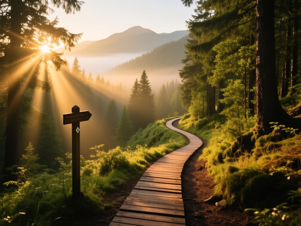A winding forest trail during golden hour, sunbeams filtering through trees onto a wooden trail marker, soft shadows, vibrant greens and earthy tones, depth leading to misty mountains, no people.