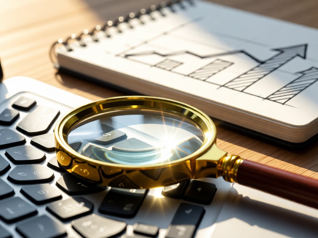A magnifying glass resting on a modern keyboard, sunlight glinting on the lens. A notebook with sketched arrows shows growth diagrams in the soft-focus background. No people.