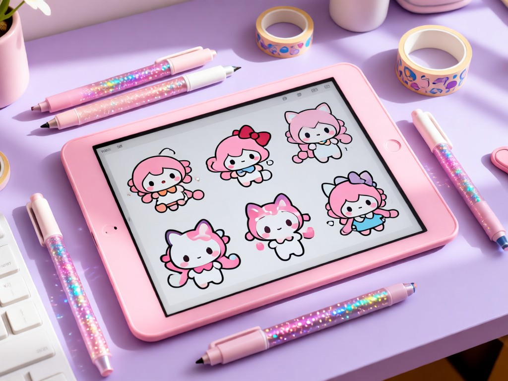 Pastel pink tablet displaying kawaii character drawings. Surrounded by glitter pens and washi tape on a lilac desk. Soft natural lighting. No people.