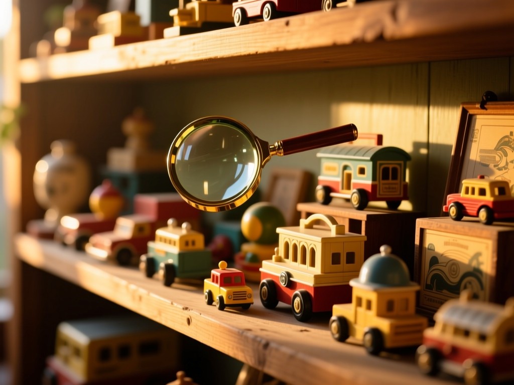 A magnifying glass hovering over a meticulously arranged vintage toy collection on a wooden shelf during golden hour, soft sunlight highlighting details, shallow depth of field, warm tones, no people.
