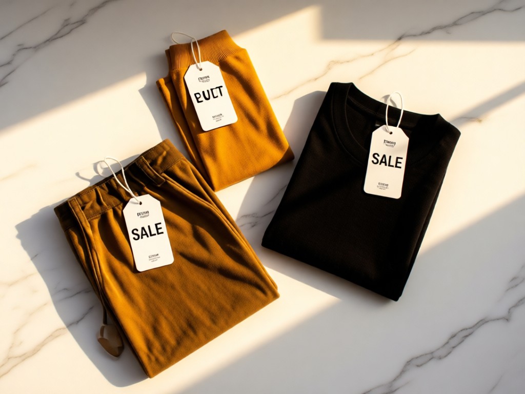 A minimalist flat lay of three Penneys Outlet clothing items artfully arranged with sale tags. Soft shadows on white marble surface. Golden hour lighting. No people.