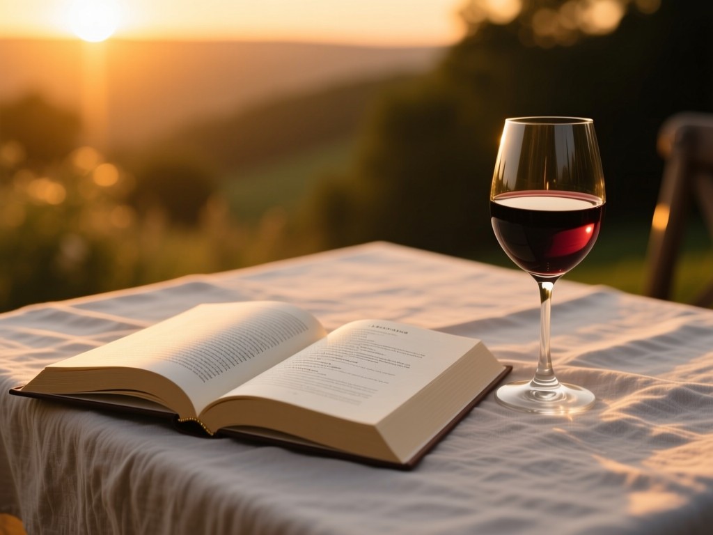 An open recipe book beside a wine glass on a linen tablecloth during sunset, soft light illuminating the pages, shallow focus, warm golden tones, no text visible.