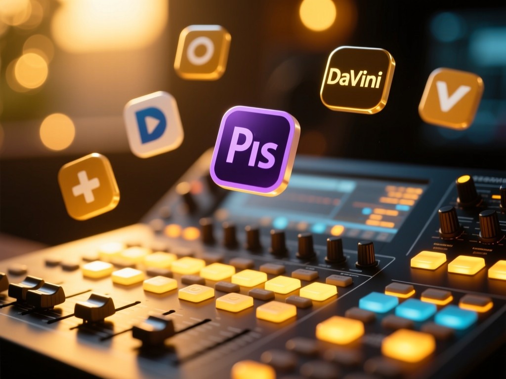A professional editing console with glowing buttons in golden hour, surrounded by floating icons of software logos (Premiere, DaVinci), warm bokeh background, shallow depth of field.
