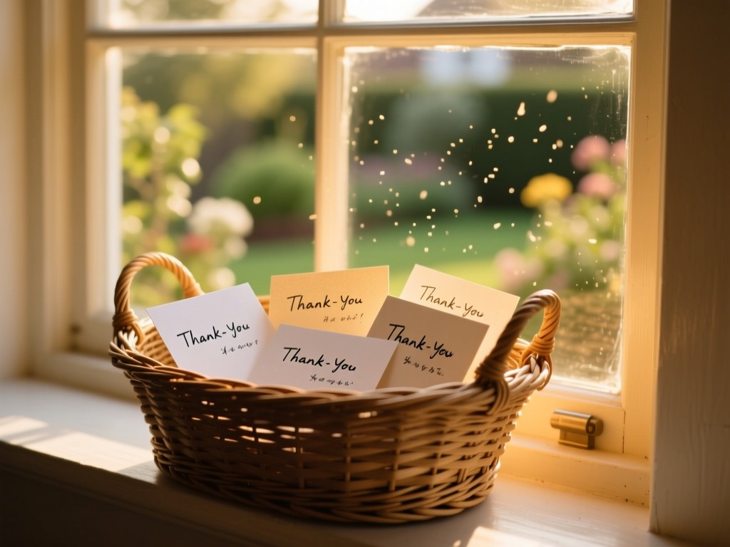 A woven basket filled with handwritten thank-you cards on a windowsill. Golden hour light illuminates dust motes. Blurred garden view outside. No people.