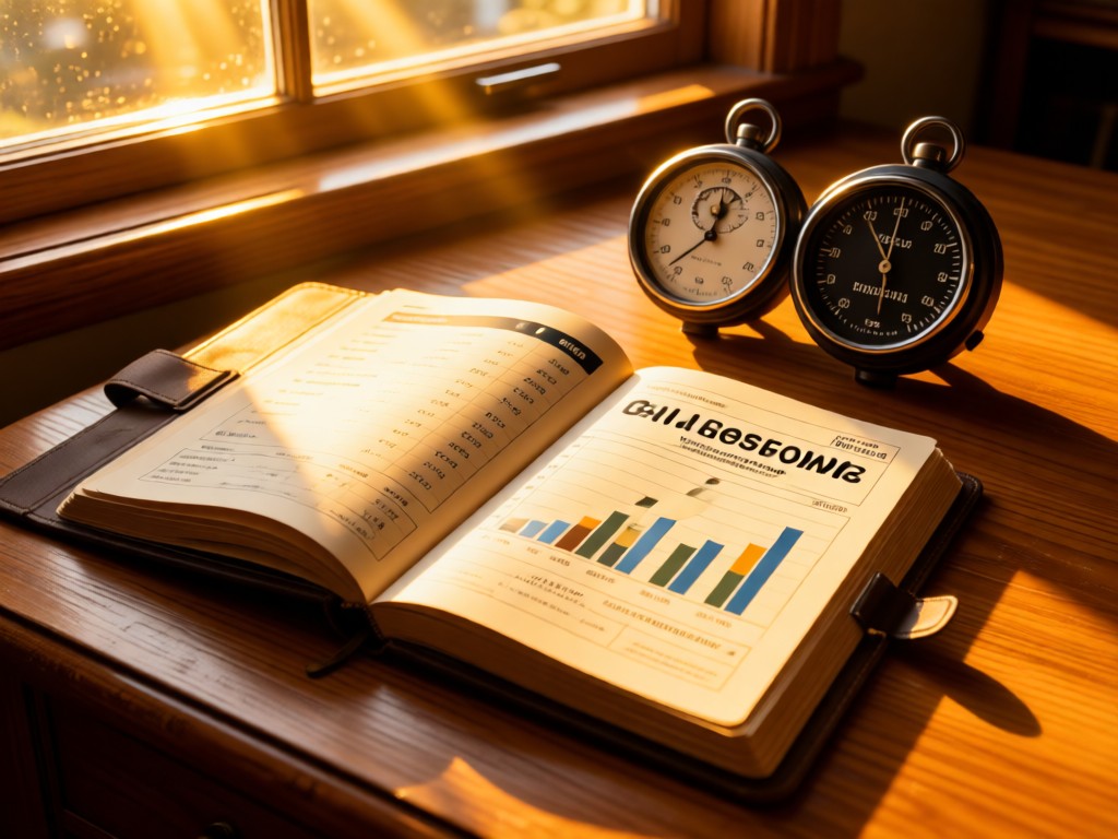 Open logbook showing jump statistics beside an altimeter. Golden light through window illuminates data pages. Wooden desk surface. No people.