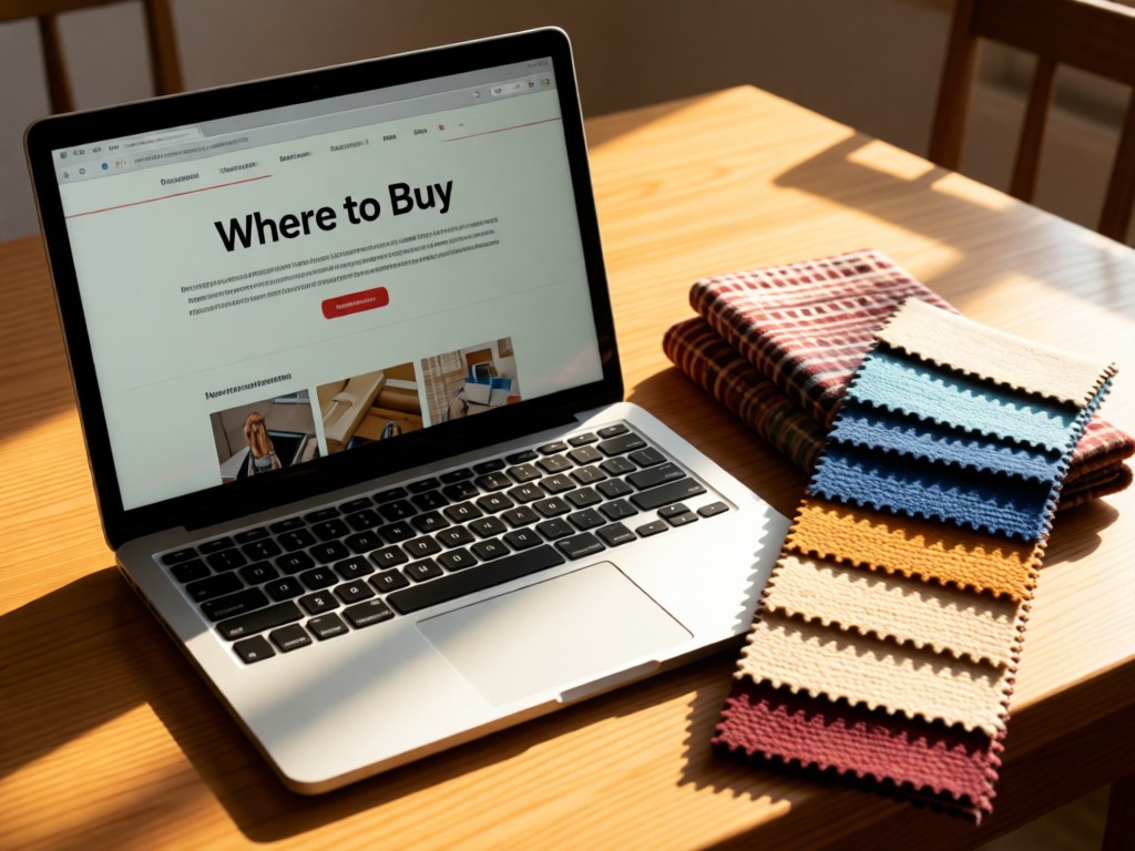 Open laptop showing a 'Where to Buy' page next to folded fabric swatches. Sunlight highlights texture details. No people.