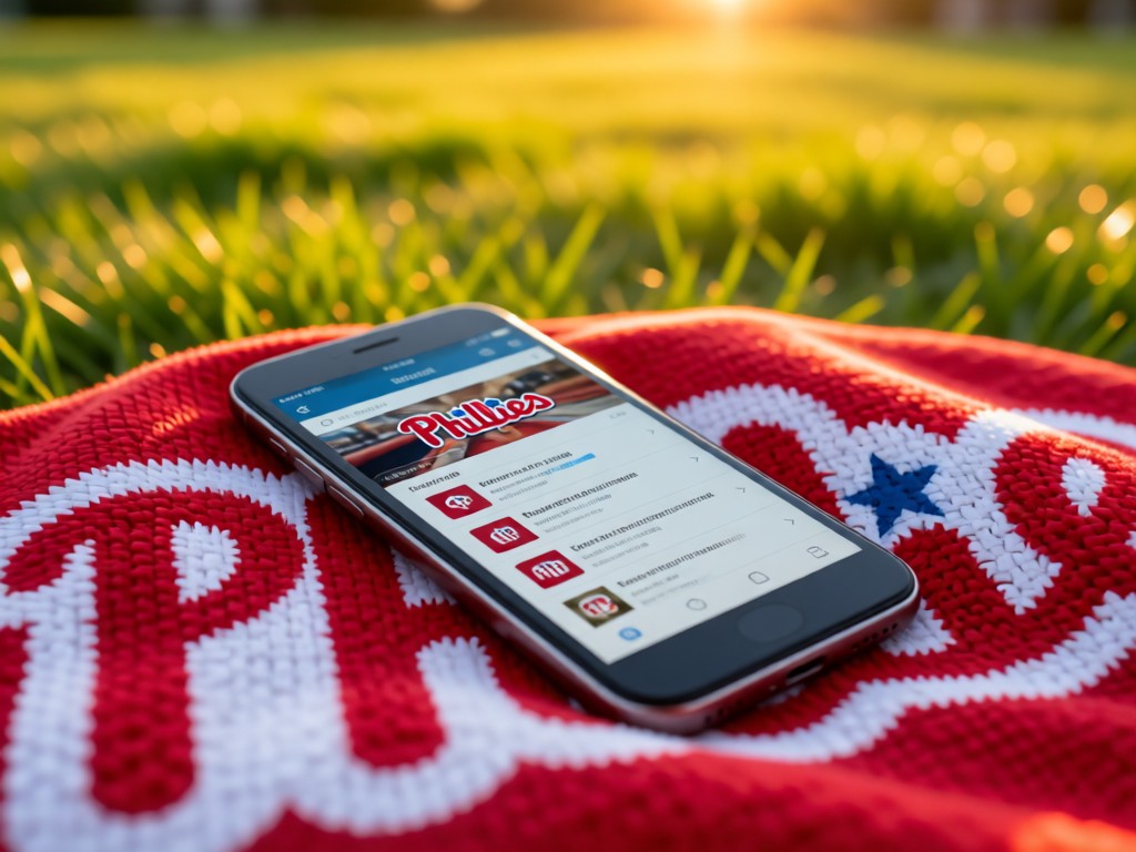 Smartphone showing Phillies fan forum on screen, resting on a red-and-white team blanket. Blurred green grass background with golden hour lighting. No people.