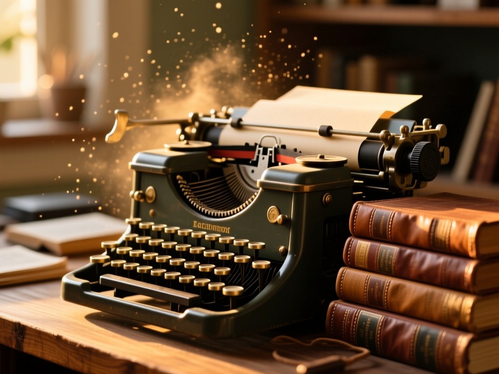 An antique typewriter beside stacked books during golden hour, soft light illuminating dust particles in the air, leather-bound covers, warm wood tones, shallow depth of field, creative workspace atmosphere.