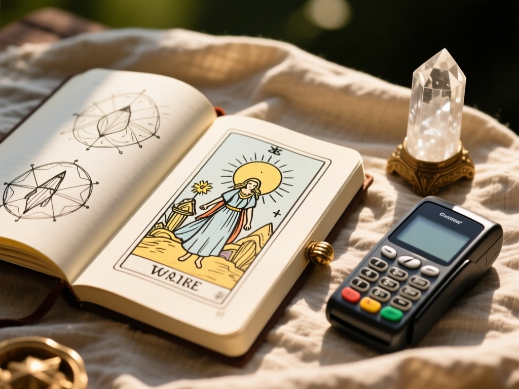 An open journal with hand-drawn tarot sketches beside a crystal and payment device on a linen cloth, warm afternoon light, shallow focus on the journal.