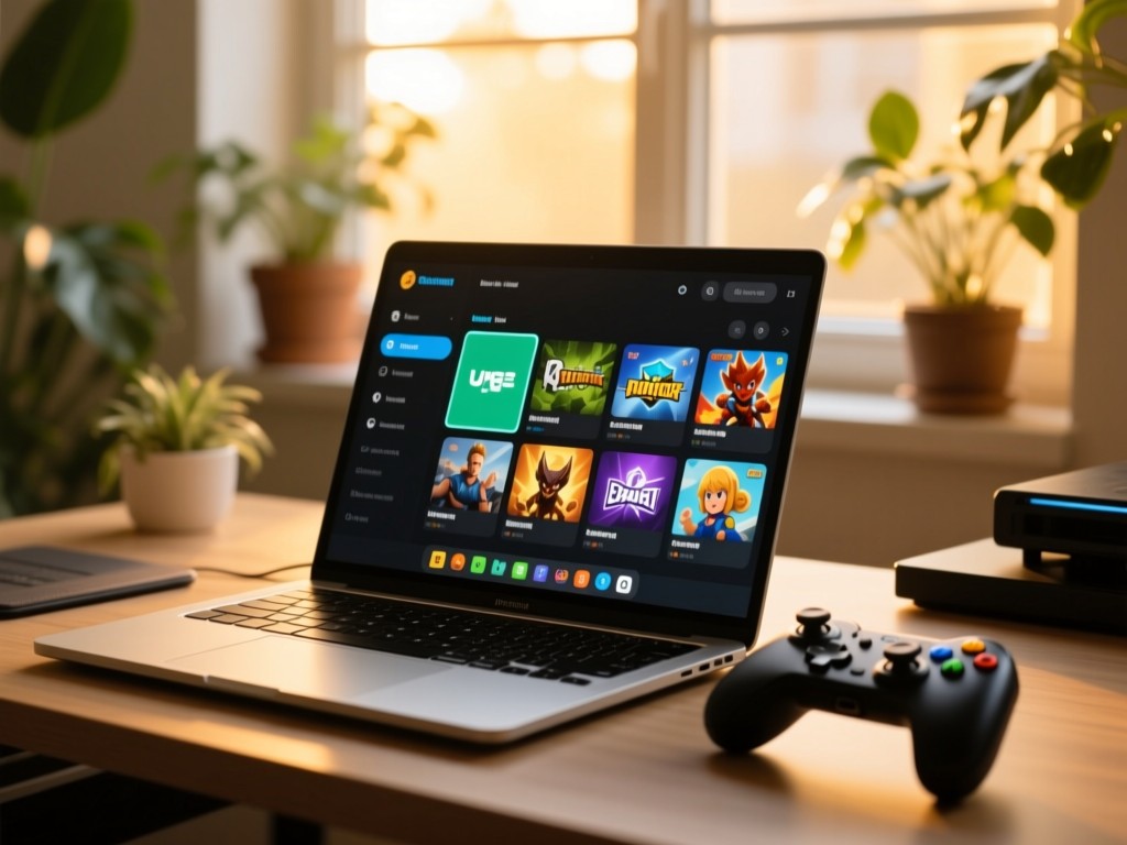 A gaming laptop and controller during golden hour, screen showing an organized hub with game thumbnails, soft natural light filtering through window, plants in background, shallow depth of field, minimalist tech setup.
