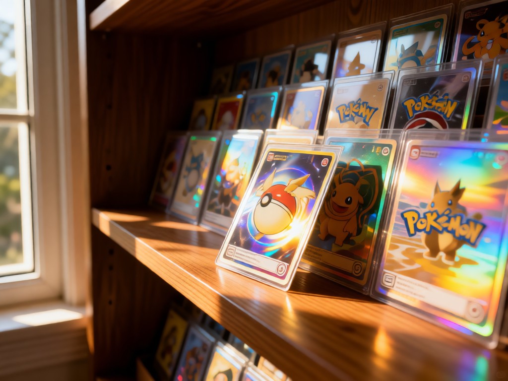 Neatly arranged holographic Pokemon cards on a wooden shelf. One card slightly tilted forward catches sunlight. Warm natural lighting from a nearby window. No people.