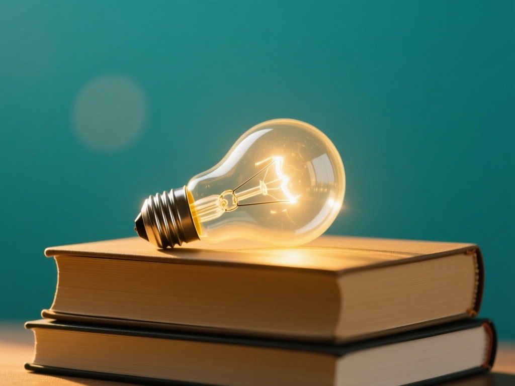 A lightbulb resting on stacked books against a teal background. Golden hour light creates warm glow around the bulb. Soft shadows add depth. No people.