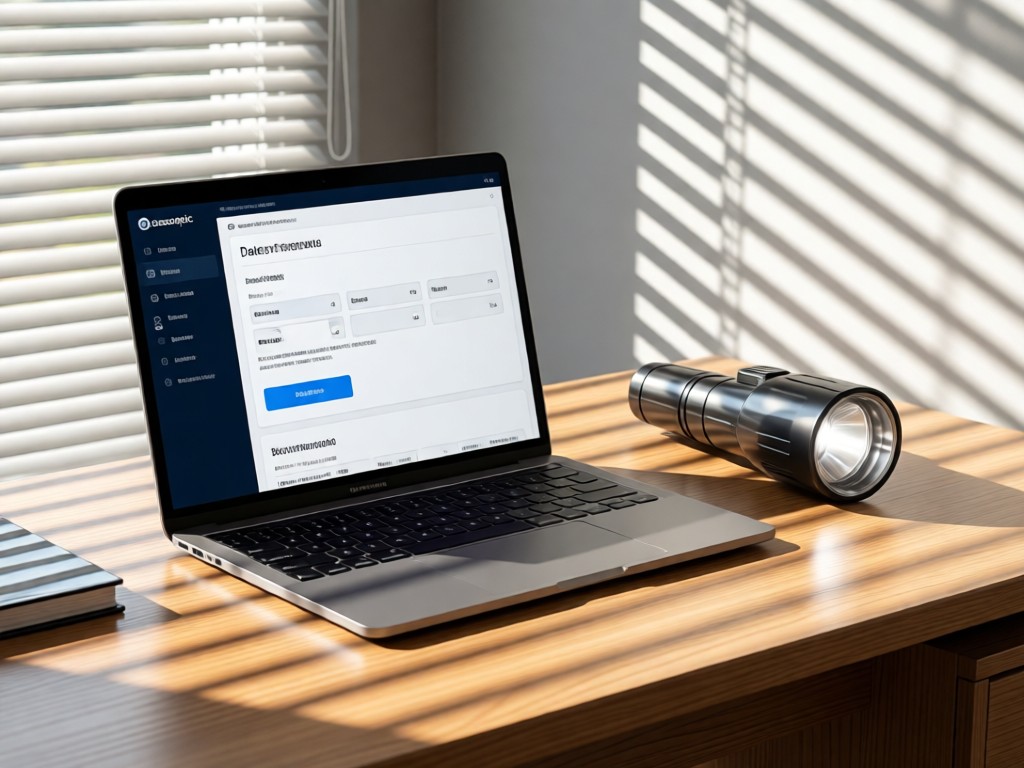 Modern office desk with a laptop displaying a dealer portal interface. A sleek orascoptic headlamp sits beside it. Sunlight through blinds creates linear shadows.
