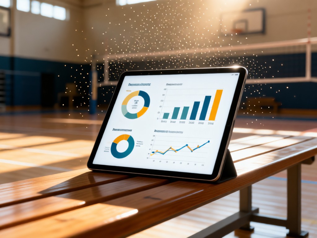 A clean infographic of volleyball statistics on a tablet, resting on a gym bench. Sunlight highlights dust motes in the air. Minimalist sports aesthetic. No people.