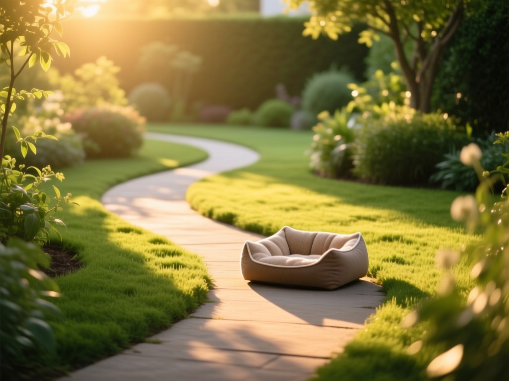 A winding garden path leading to a cozy pet bed in golden hour sunlight, symbolic of discovery, soft shadows, vibrant greens and warm tones, minimalist composition, no text or people.