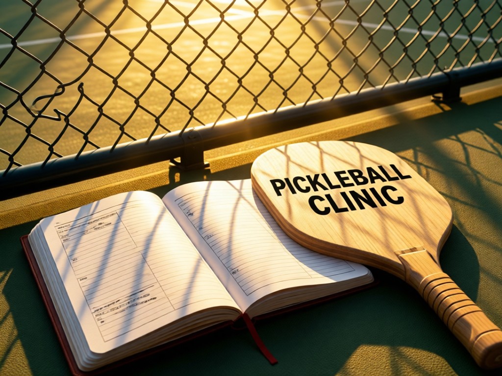 An open planner with 'PICKLEBALL CLINIC' written beside a wooden paddle. Golden light filters through court fencing onto the pages. No people.