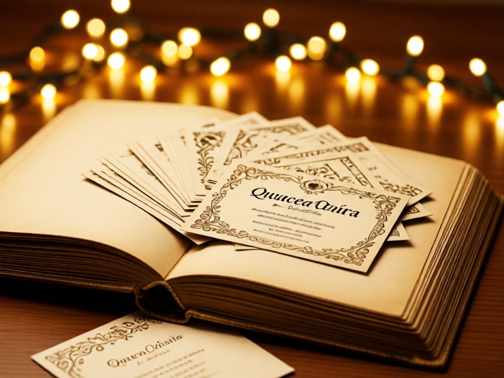 An open vintage photo album with Quinceañera invitations spilling out. Soft focus on fairy lights in background. Warm, golden tones. No people.