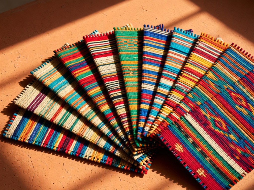 Close-up of handwoven fabric samples fanned across a sunlit terracotta surface. Each swatch shows unique textures and traditional patterns. Warm shadows create depth. No people.