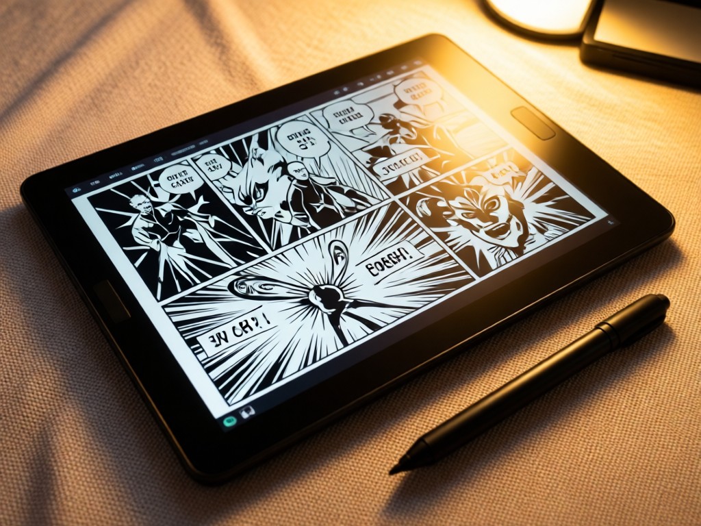 Close-up of a high-quality artist's tablet displaying crisp comic panels. A stylus rests beside it on a fabric-textured surface. Golden light highlights the screen's clarity. No people.