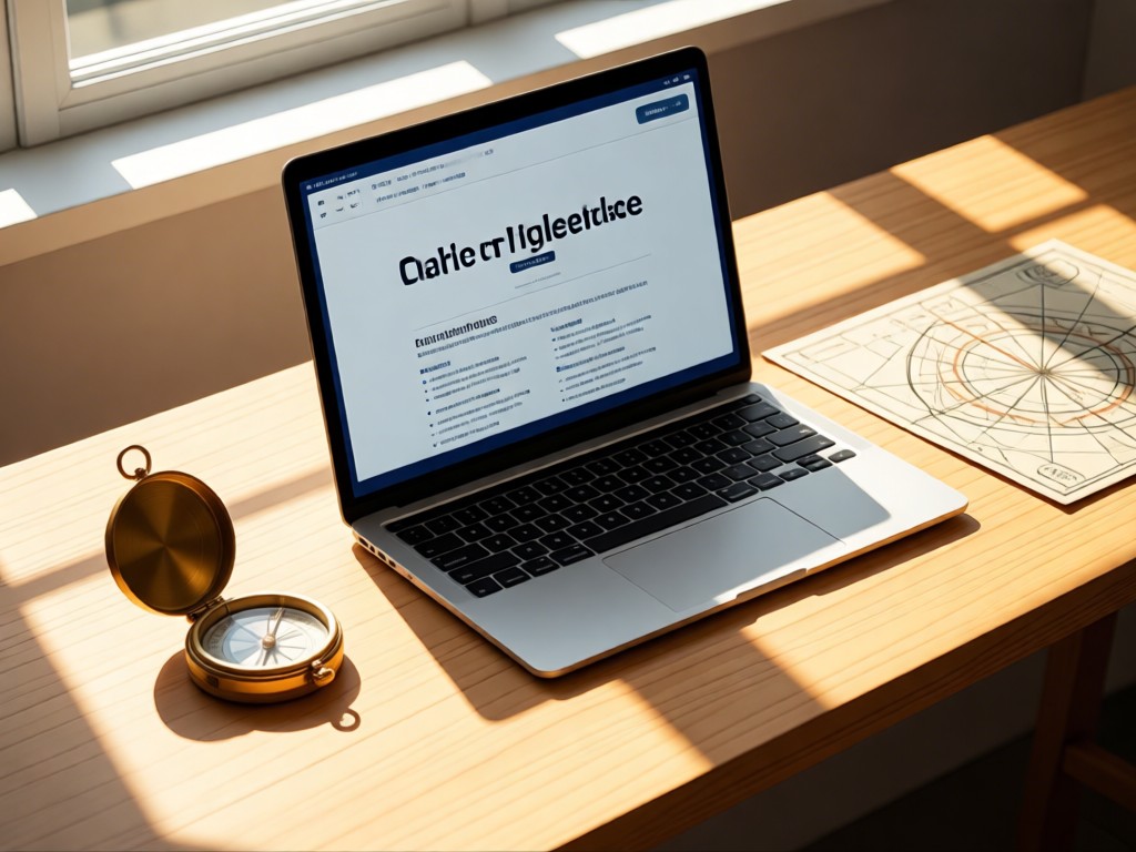 A minimalist desk with an open laptop showing clean product links. A vintage compass and nautical chart sit nearby. Sunlight creates warm reflections. No people.