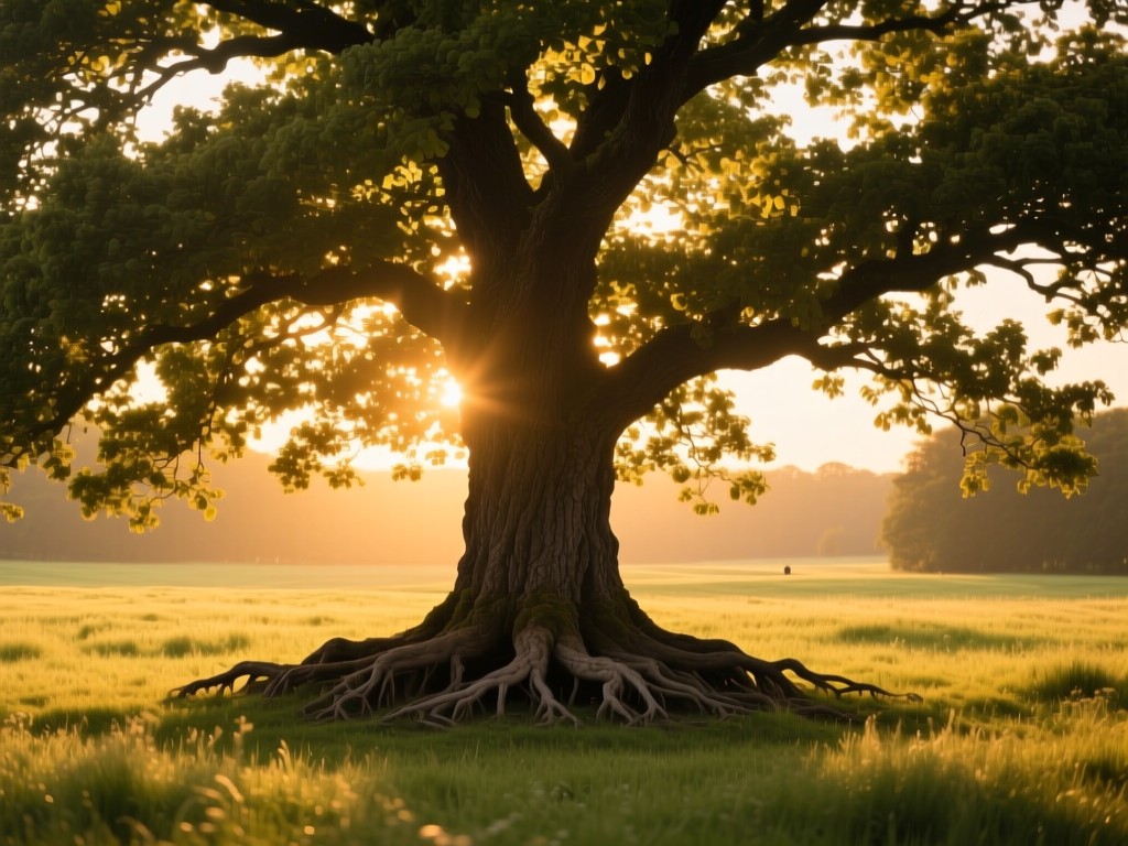 Single strong oak tree in meadow at golden hour, deep roots symbolizing business foundations, wide canopy representing growth, warm sunlight filtering through leaves, no people.