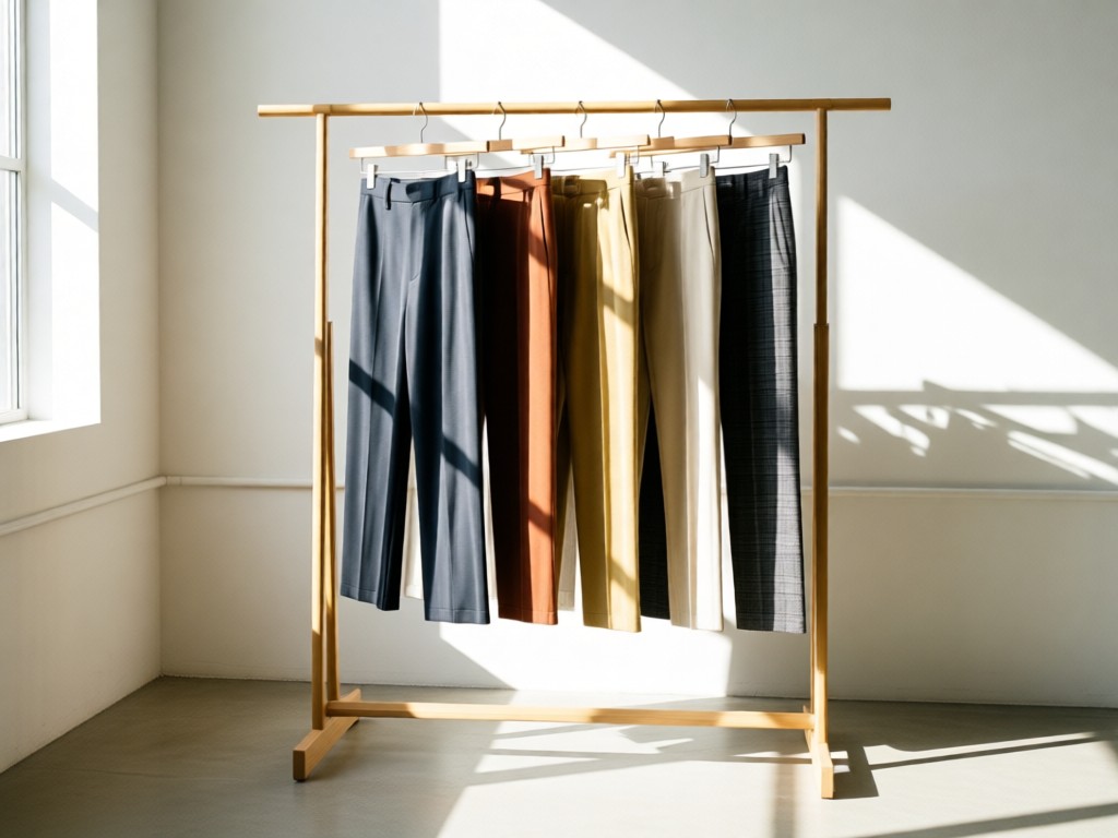 Minimalist clothing rack displaying coordinated pantaloon designs in a sunlit studio. Focus on color coordination and fabric textures. No people.