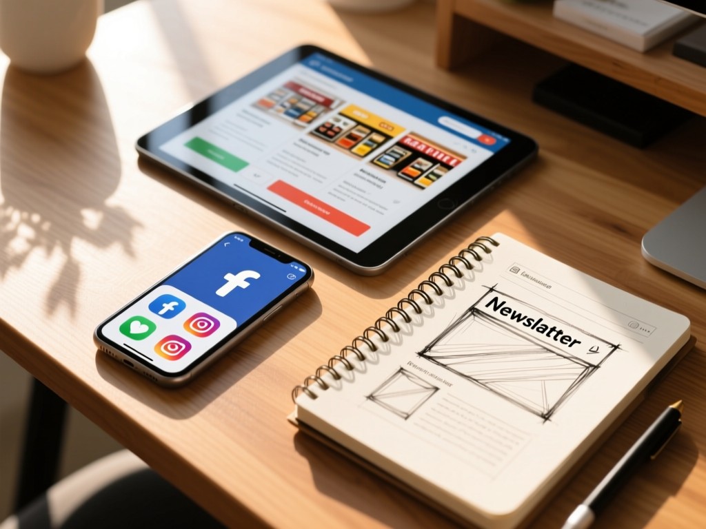 Top-down view of a smartphone showing social icons, tablet displaying shop interface, and notebook with newsletter sketch on wooden desk. Natural morning light.