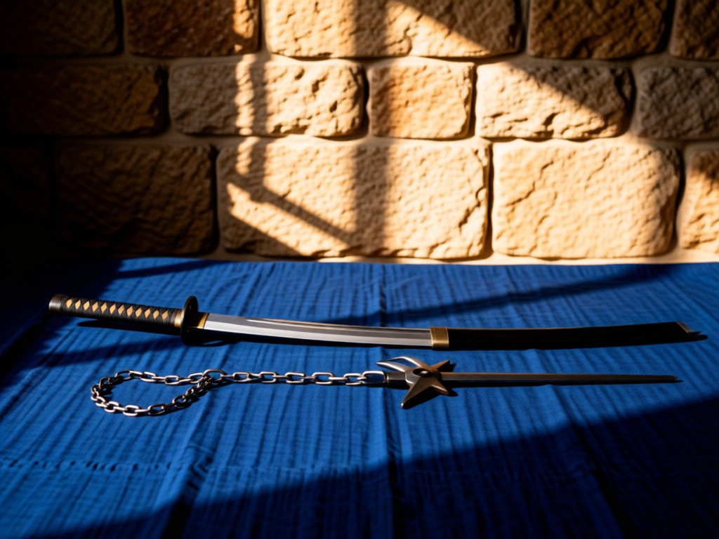 Minimalist arrangement of a ninjatō sword and kusarigama chain weapon on indigo-dyed fabric. Warm light creates dramatic shadows against a stone wall. No people.