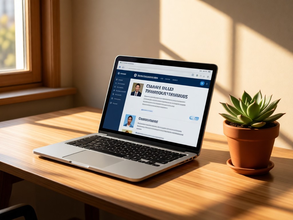 A neatly arranged workstation with a laptop showing client testimonials beside a potted succulent. Gentle afternoon light creates depth. No people.
