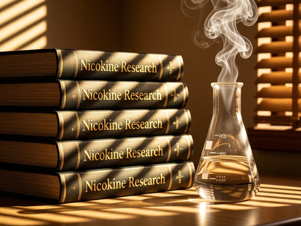 Stacked academic journals with 'Nicotine Research' spines beside a steaming lab beaker. Dappled sunlight through blinds creates striped shadows. Focus on textures and warmth. No people.