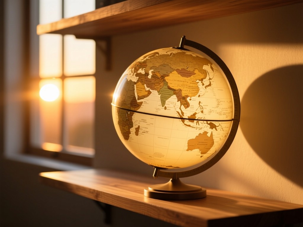 A glowing globe on a wooden shelf during sunset, golden light streaming through window, focus on Asia-Pacific region, soft shadows, warm color palette, minimalist composition, no text.