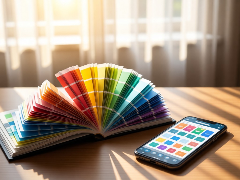 A color palette swatch book fanned open beside a smartphone displaying customizable templates. Morning light through sheer curtains. Soft focus background. No people.