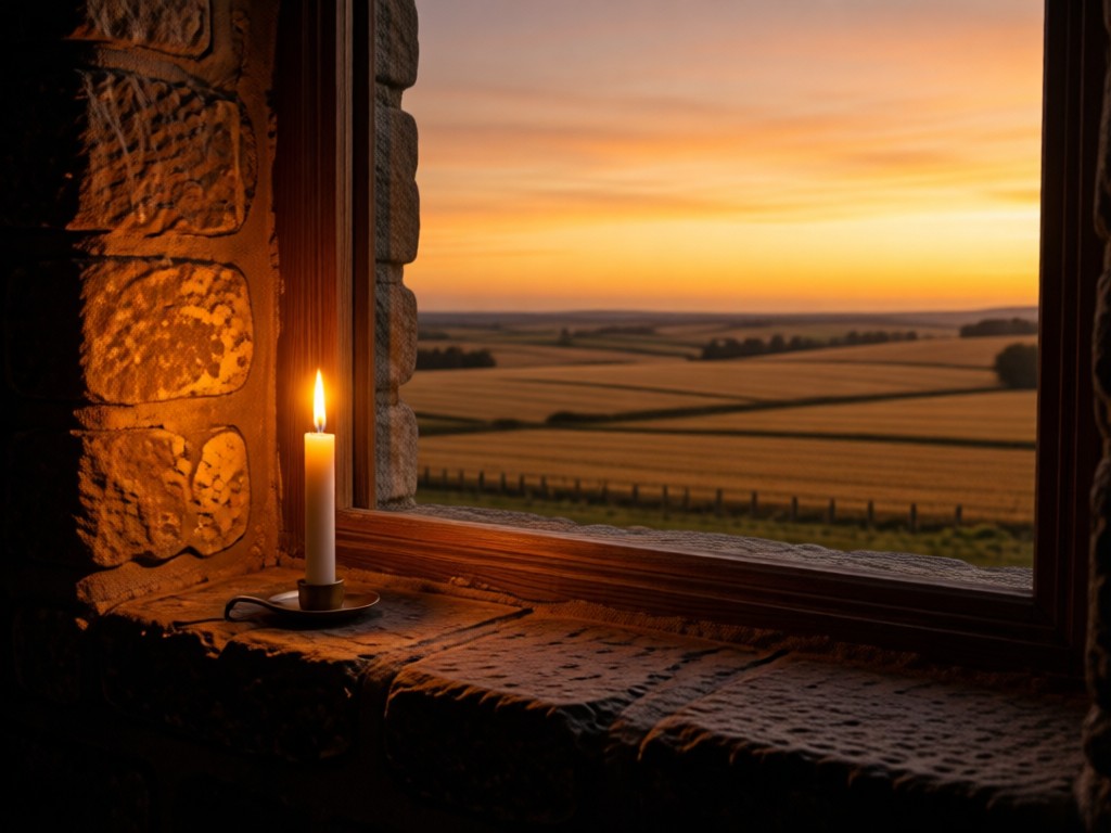 A single lit candle on a stone windowsill at dusk, casting a warm glow across open fields. Symbolizes clarity and far-reaching influence. Golden hour tones. No people.