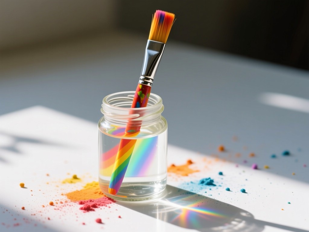 A single vibrant paintbrush standing upright in a jar of clear water. Sunlight creates rainbow reflections on a white surface, surrounded by scattered pigment dust. Symbolizes clarity and creative focus. No people.