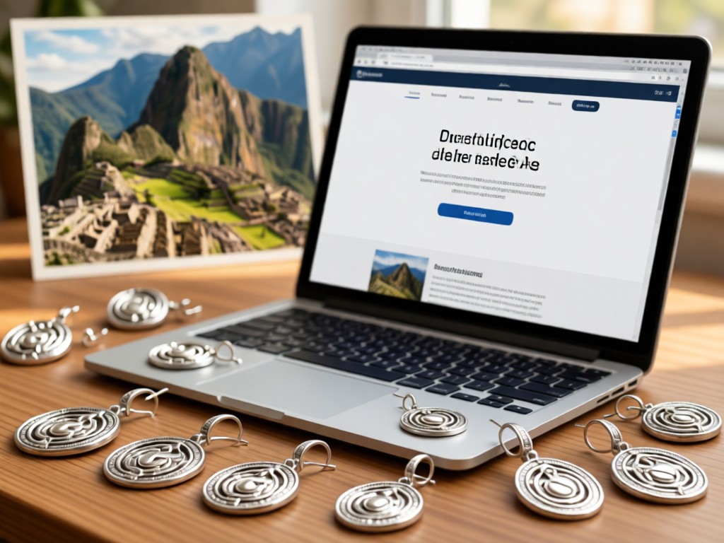 Handcrafted silver earrings arranged around an open laptop showing a clean link page. Soft focus on Machu Picchu postcard in background. Warm natural lighting. No people.