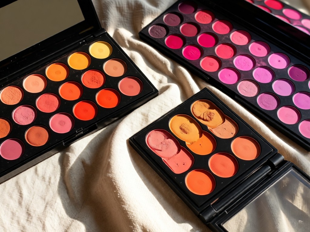Overhead shot of open makeup palettes with vibrant colors, arranged on a textured linen cloth. Natural light highlights pigment textures. Soft shadows create depth. No people.