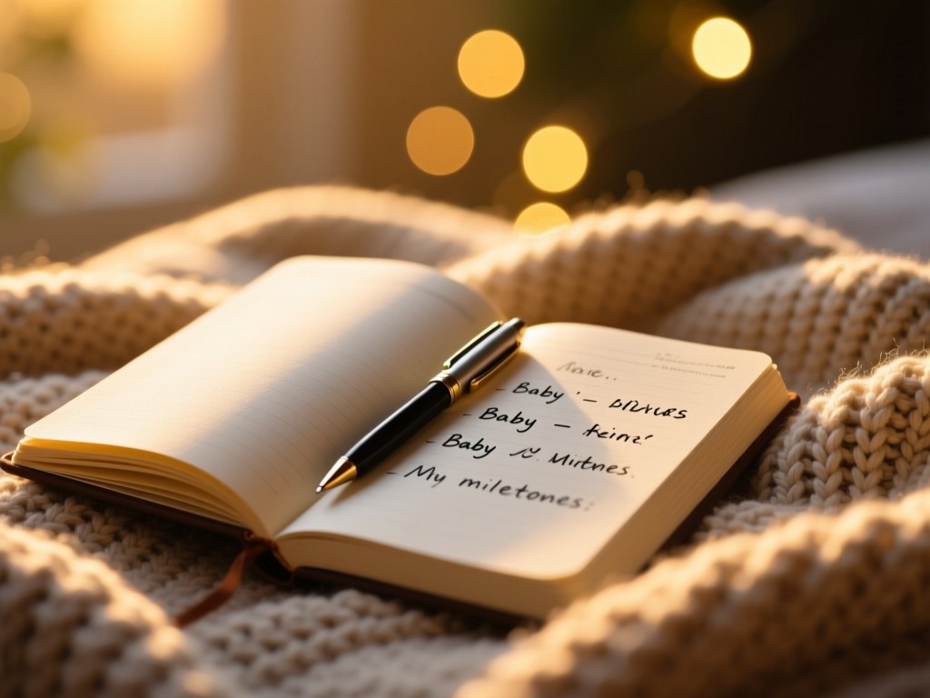 An open journal with pen resting on knitted blanket during golden hour, soft focus on handwritten notes about baby milestones, warm bokeh lights in background, cozy atmosphere.